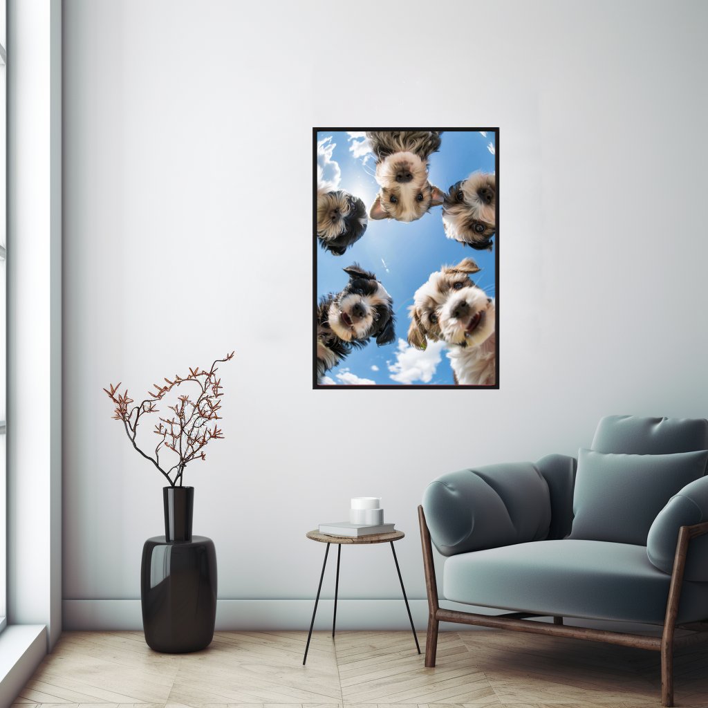 Štěňata pod modrou oblohou