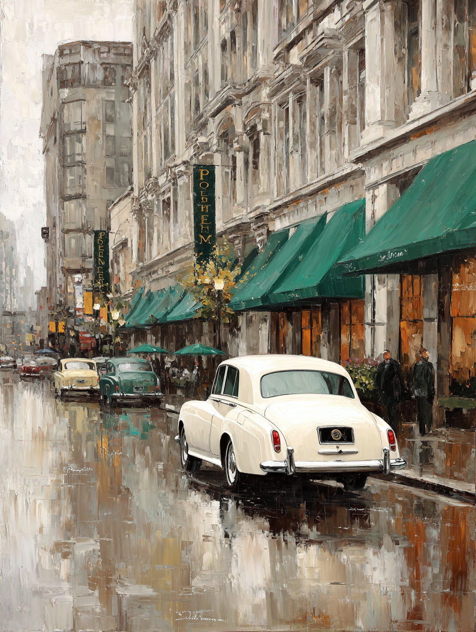 Nostalgická městská panoráma s vintage autem