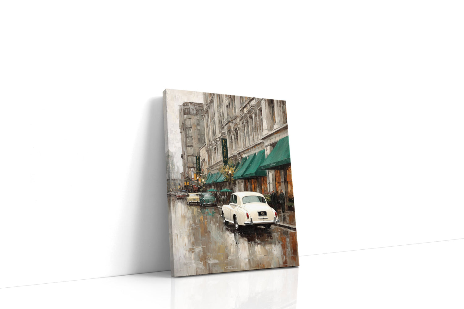 Nostalgická městská panoráma s vintage autem