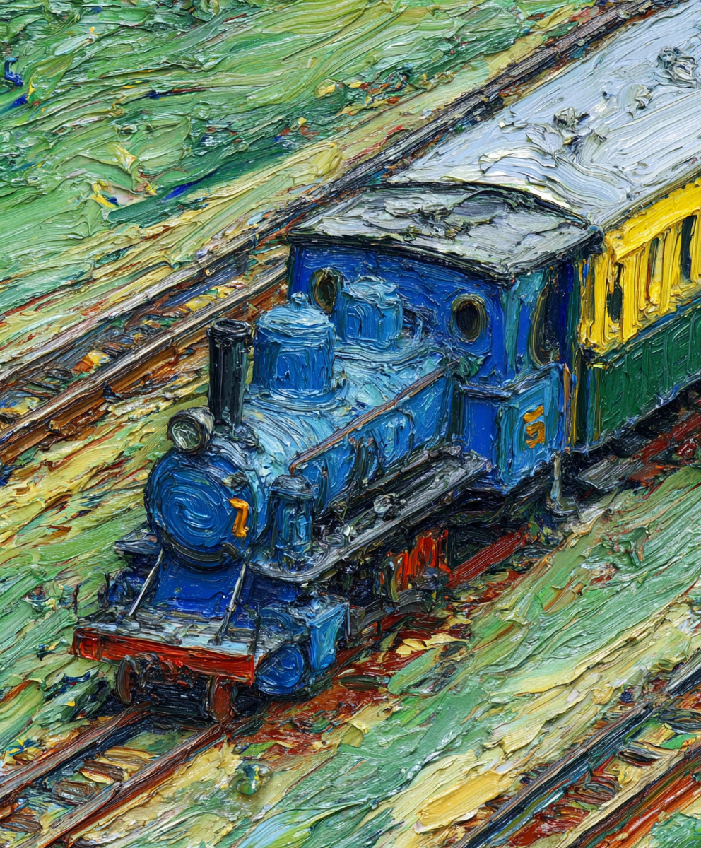 Modrý parní vlak na venkovských kolejích