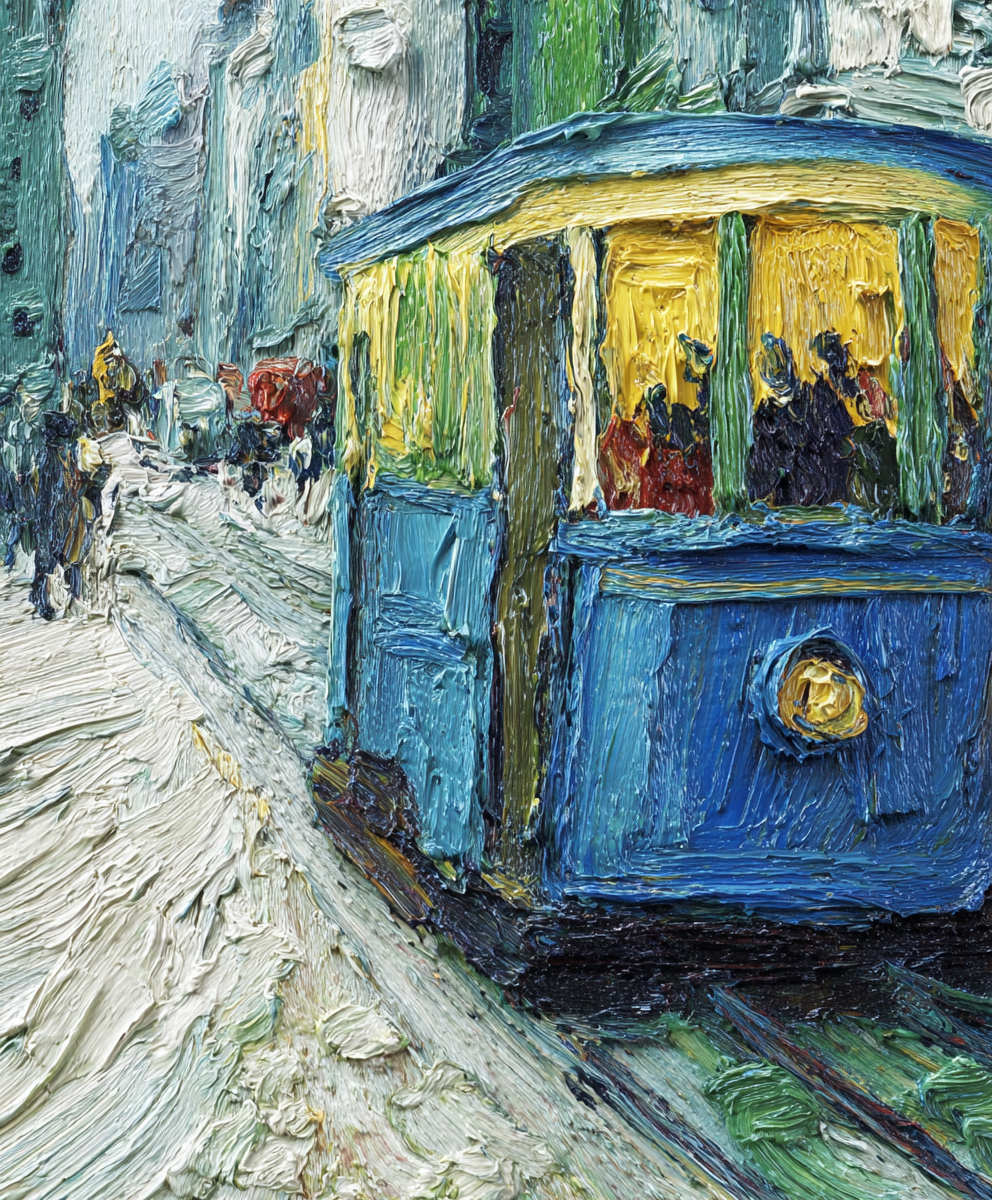 Modrá tramvaj v ranním městě