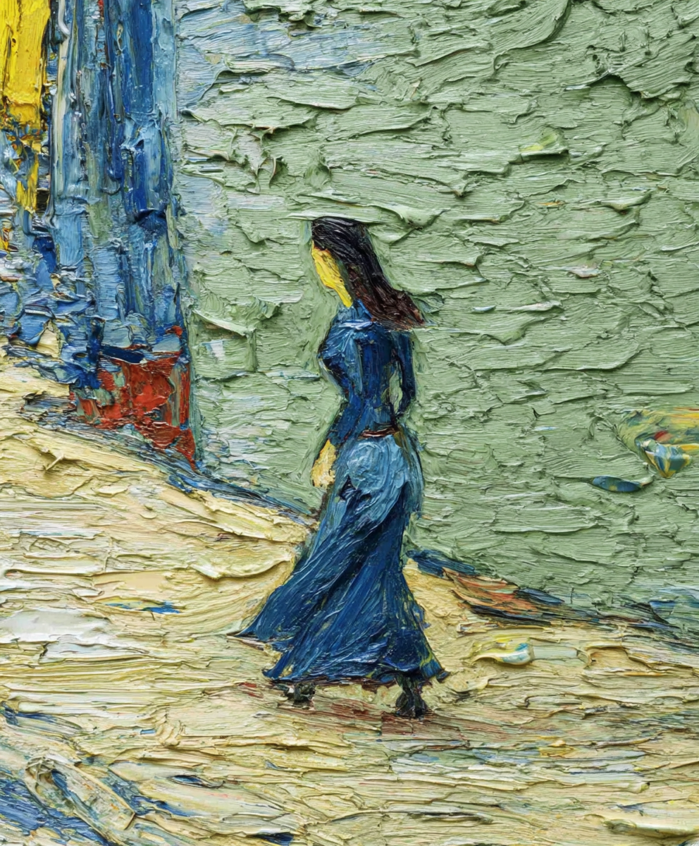 Dáma v modrém na městské promenádě